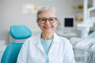 Experienced dentist smiles warmly in a modern dental office during a patient consultation