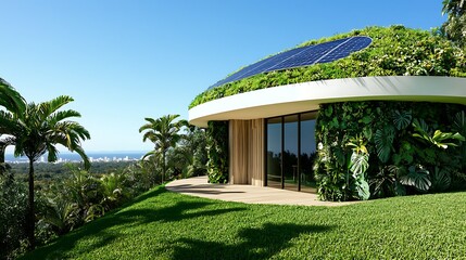 Modern eco-friendly house with solar panels surrounded by lush greenery and ocean view