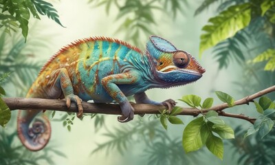 Colorful watercolor artwork featuring chameleon resting on leafy branch, artwork, resting