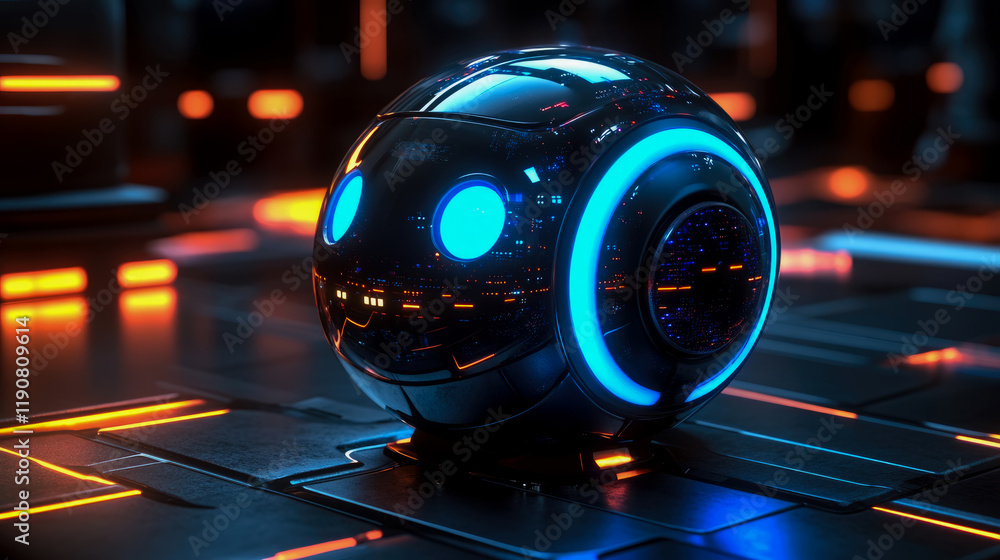 Poster futuristic spherical robot on illuminated surface: a sci-fi digital rendering