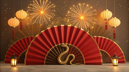 Red Fans and Fireworks Lighting Up Chinese New Year 2025