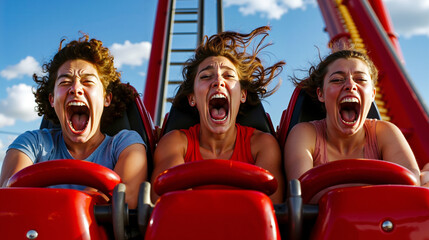 Three women laughing on a roller coaster ride