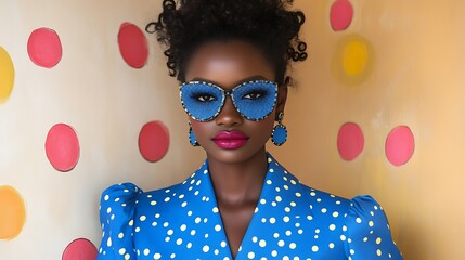 Stylish Black woman in blue polka dot dress and sunglasses against colorful background.