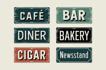 Vintage Style Shop Signs Displaying Various Businesses