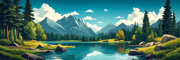 Rocky Mountain Serenity: Cartoon Landscape with River and Lake