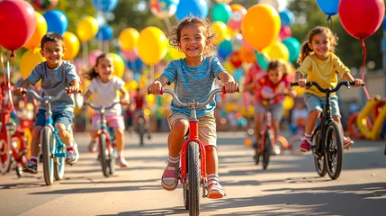 Fototapete A group of children riding bikes with colorful balloons in the background © Констянтин Батыльчук