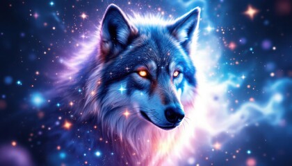 Mystical Wolf in a Cosmic Galaxy Scene