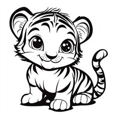 Fototapeta premium Adorable cartoon tiger cub, sitting, white background, coloring page
