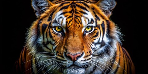 Fototapeta premium Surreal Close-up Tiger Face, Black Background - Mystical Wildlife Portrait