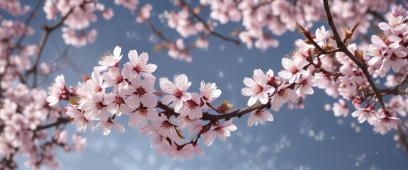 Obraz premium Delicate cherry blossoms floating gently in the air in a spring breeze, abstract background, natural light
