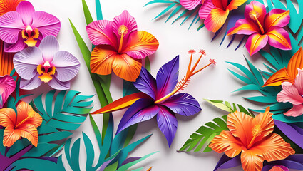 Colorful paper flowers and tropical leaves arranged on a white background