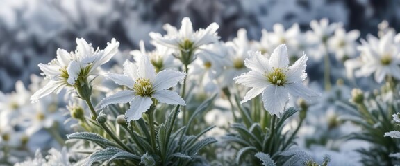 Delicate frost-covered white flowers in close-up view, close-up, winter, white, delicate