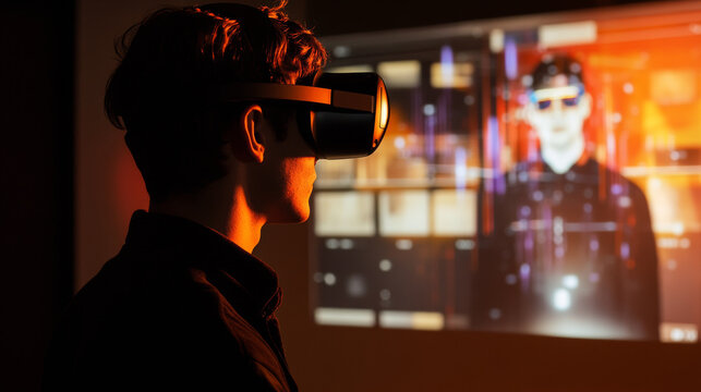 Virtual reality interaction modern studio multimedia experience innovative technology side view immersive learning