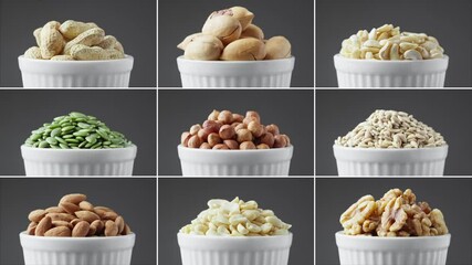 Various nuts rotating at dark background. Different snacks in white bowl. Food concept. Nine types of nuts turning. Side view. Close-up in 4K, UHD