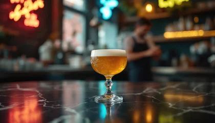 Whiskey sour, a cocktail in a vintage glass, foamy top, placed on a marble countertop, retro bar setting