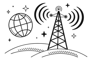 Black and white icon, transmission tower, wireless communication symbol, globe design, radio waves, simplified geometric shapes, broadcasting concept, network connectivity, minimalist illustration, te