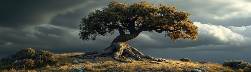 Majestic Oak Tree on a Stormy Hillside - A Serene Landscape for Nature-Themed Decor