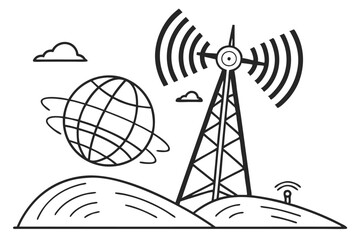 Black and white icon, transmission tower, wireless communication symbol, globe design, radio waves, simplified geometric shapes, broadcasting concept, network connectivity, minimalist illustration, te