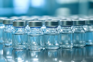 A close-up of multiple sterile glass vials, each filled with a clear liquid and sealed with silver caps, highlights the mass production and careful handling of vaccines or other injectable medications