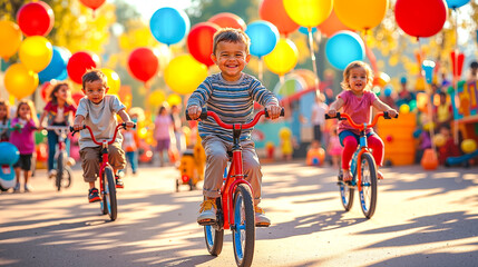 A group of children riding bikes with colorful balloons in the background