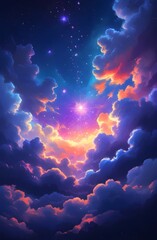 Mystical Starry Night with Colorful Sky and Dark Clouds Wallpaper Art
