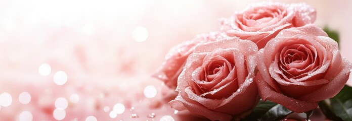 Obraz premium Bunch of pink roses with water droplets on petals arranged in a natural setting outdoors valentine day