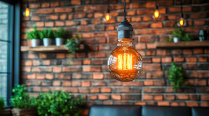 Obraz premium Warm light bulb illuminates a cozy interior with brick walls and greenery in a quiet cafe during the afternoon