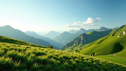 Obraz premium A verdant grassy slope bathes in sunlight under a light blue sky dotted with clouds, framed by majestic mountains beyond, capturing serene natural beauty