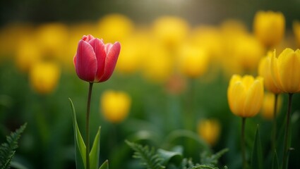 Vibrant pink tulip standing out among yellow tulips in a sunlit garden