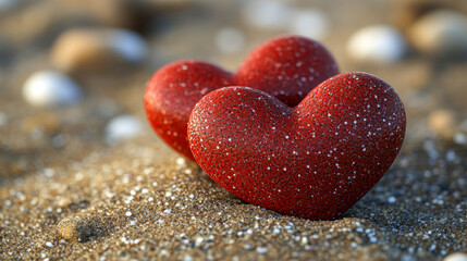 Red heart shapes on sandy beach surrounded by small stones at sunset create a romantic atmosphere for couples