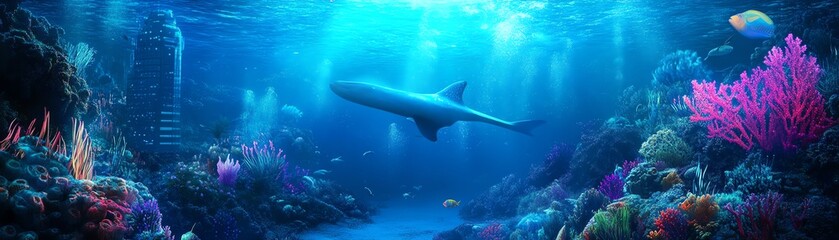 Obraz premium Serene underwater scene with vibrant coral and sunlight filtering through the ocean. Perfect for backgrounds, marine life projects, or calming visuals.