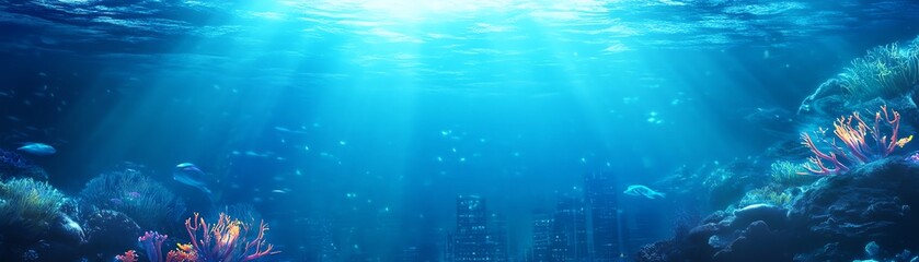 Serene underwater scene with vibrant coral and sunlight filtering through the ocean. Perfect for backgrounds, marine life projects, or calming visuals.