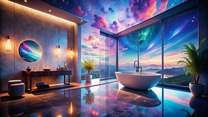 Surreal Modern Bathroom: Floating Tub, Galaxy Mirror, Dreamlike Design