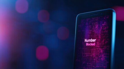 A smartphone displays a message indicating a phone number has been blocked, set against a colorful, blurred background.