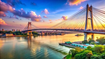 Naklejka premium Kolkata's Second Hooghly Bridge: Stunning Cable-Stayed Bridge Over River Hooghly, India