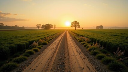 Obraz premium A serene green field stretches ahead, framed by a winding dirt road marked with tire tracks and pebbles at its edges. As the sun sets beyond the horizon, golden light bathes the landscape in a warm gl