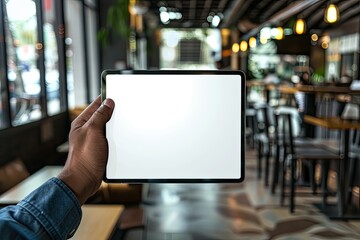 Flawless Visual of Businessmans Hand Holding Digital Tablet with Blank White Screen