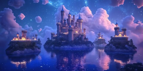 Obraz premium Low-angle view of an enchanting castle surrounded by floating islands