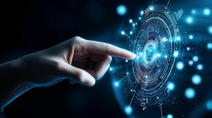 food safety inspection compliance. A futuristic hand reaches out to interact with glowing digital interfaces, symbolizing technology and innovation.