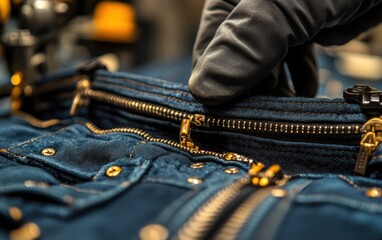 Expertly attaching a gold zipper to premium denim. Close-up detail showcases meticulous craftsmanship and luxurious fabric.