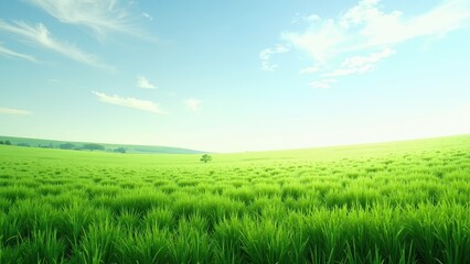Fototapeta premium A serene green field bathed in sunlight, crowned by a lone tree, under a soft azure sky dotted with gentle white clouds. 