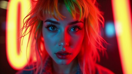 Fototapeta premium A close-up shot of a beautiful woman with vibrant multicolored hair and striking red lips, illuminated by colorful neon lights