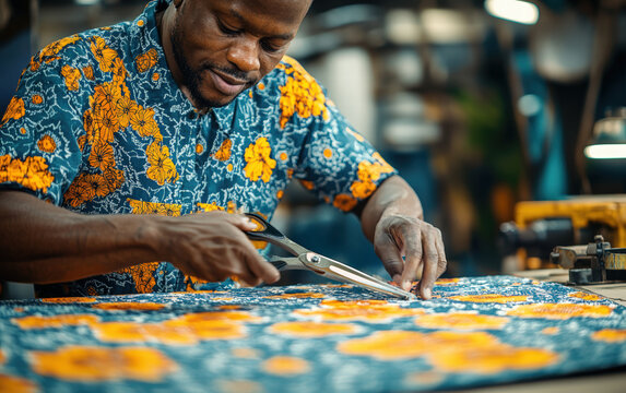 Masterful Hands: A tailor meticulously cuts vibrant African fabric, showcasing dedication and precision in his craft.