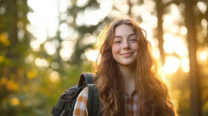 Obraz premium A vibrant young woman, full of energy and enthusiasm, posing with her backpack in a serene forest setting. Her expression reflects joy and a love for the outdoors, with the golden
