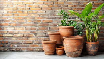 Terracotta stacked pots in garden corner against brick wall. Outdoor seasonal shady plants in day light.