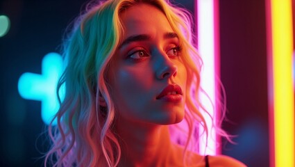 Fototapeta premium A striking portrait of a beautiful woman with shoulder-length multicolored hair looking off to the side, with a vibrant neon background casting a soft glow on her face