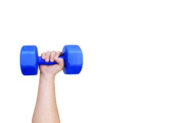 A person's hand is holding a blue dumbbell PNG transparent.