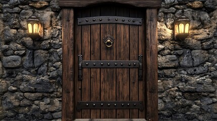 A rustic medieval castle entrance with an old wooden door, weathered stone walls, and gothic-inspired iron hinges. The aged wood grain, sturdy construction, and moody shadows create a mysterious, hist