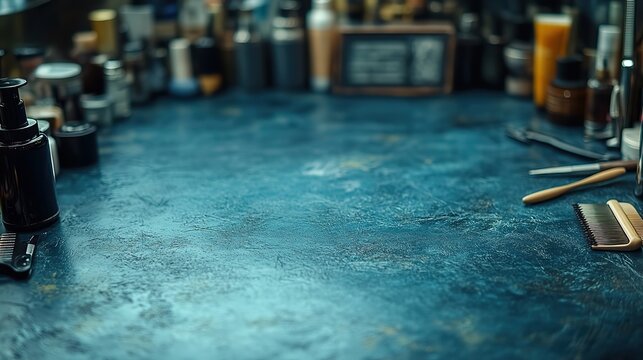 Hairdressing tools are arranged on a dark background with ample space in the center for additional text