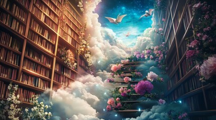 A magical library floating in the clouds, with books flying like birds and glowing flowers growing on shelves, book fantasy with copy space